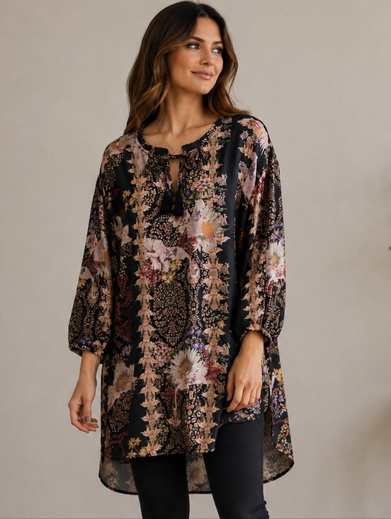 Cream Tops - Cream | Floral Boho High-Low Tunic Blouse with Tassels, Size 38
